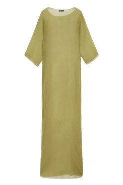 Aurora, long dress in pistachio silk bambula