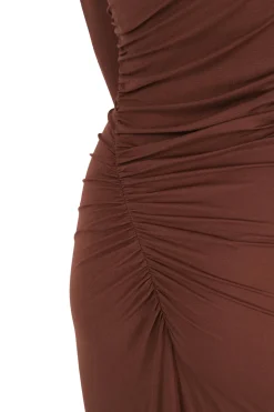 Babar, asymmetrical dress in garnet stretch cupro