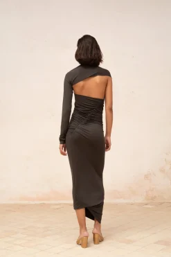 Babar, asymmetrical dress in graphite stretch cupro