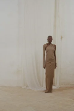 Babar, asymmetrical top in cocoa stretch cupro