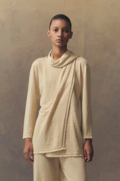Botanica, wrap top in ecru linen knit