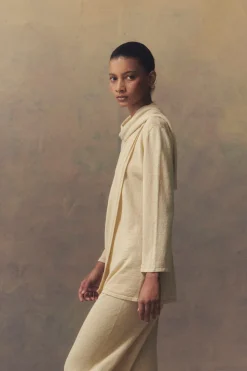 Botanica, wrap top in ecru linen knit
