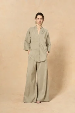 Cleo, green striped linen and silk pants