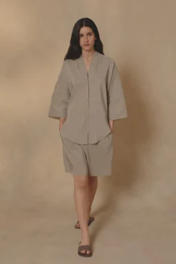 Cleo, green striped linen and silk shorts
