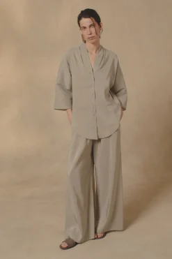 Cleo, green striped linen and silk pants