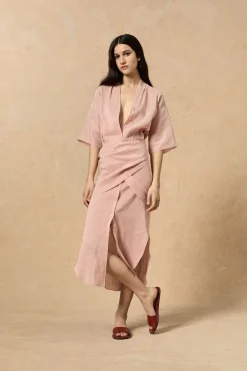 Cleo, red striped linen and silk dress