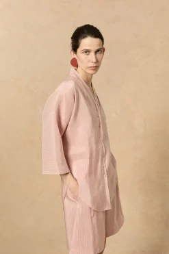 Cleo, red striped linen and silk shirt