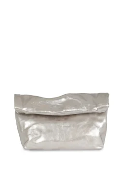 Delhi L, white silver leather large clutch