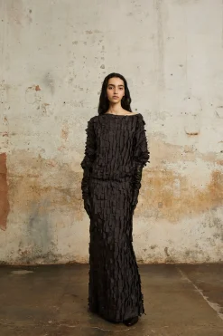 Epica, long silk skirt with a feathered effect