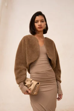 Hair, short jacket in brown wool and silk