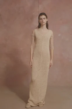Hanami, long beige cotton knit dress