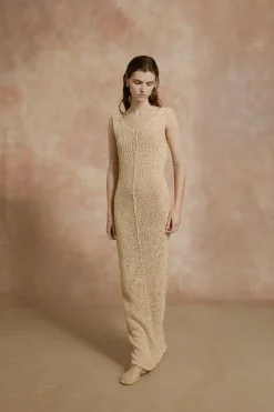 Hanami, long beige cotton knit dress