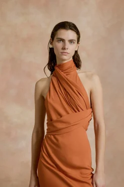 Irena, orange silk crepe halter dress