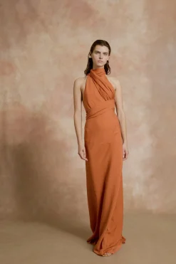 Irena, orange silk crepe halter dress
