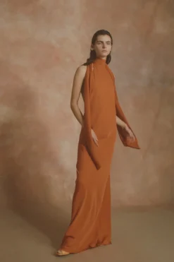 Irena, orange silk crepe halter dress
