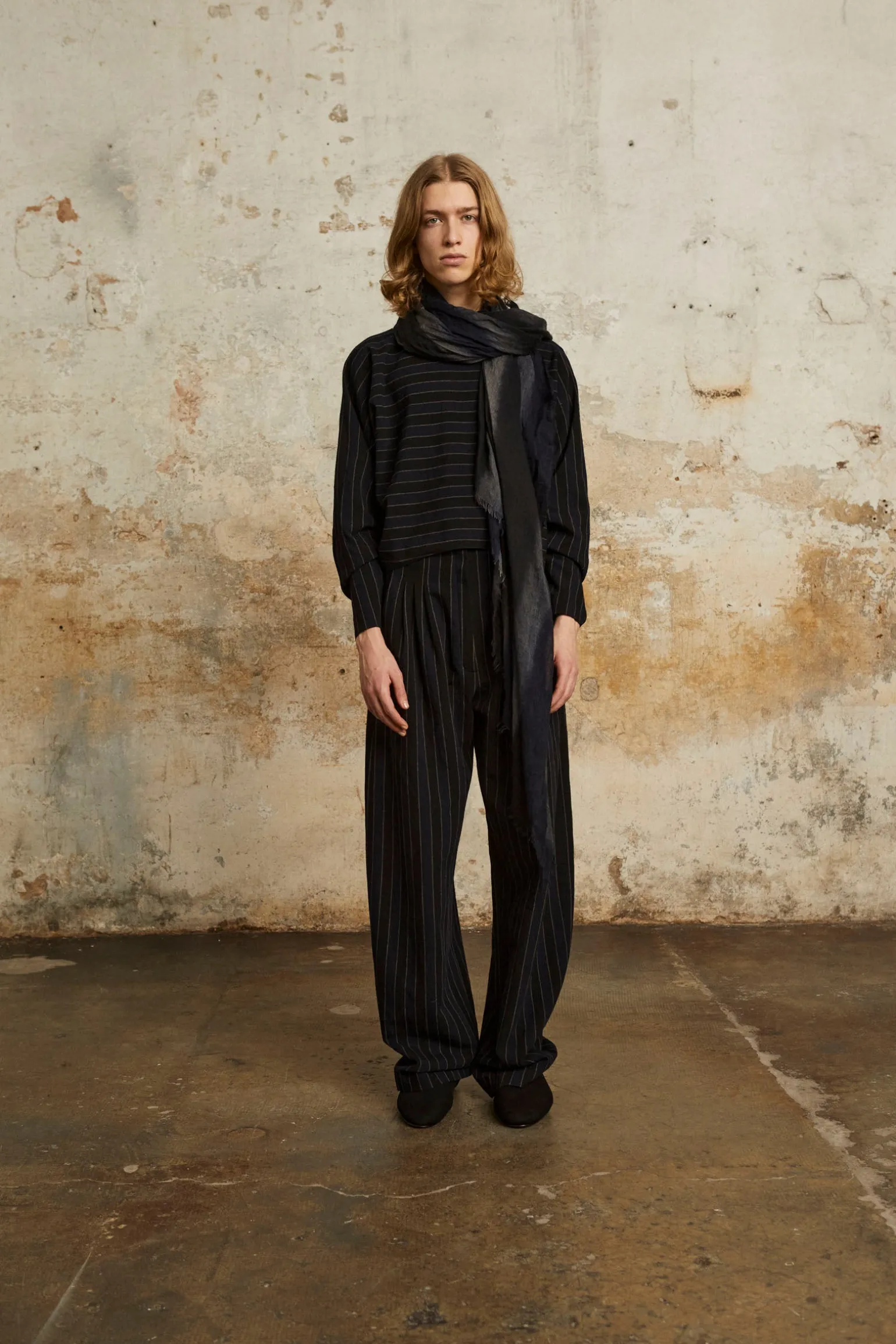 Marc, blue and black striped scarf in cashmere and silk
