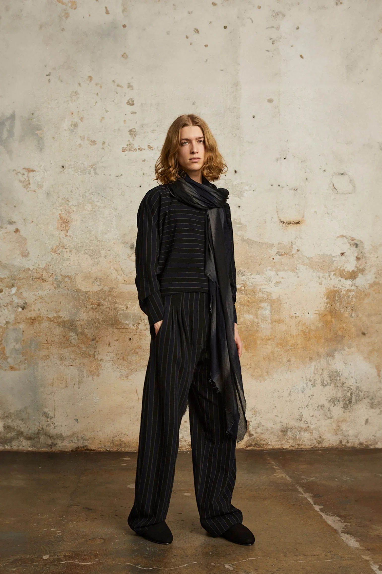 Marc, blue and black striped scarf in cashmere and silk