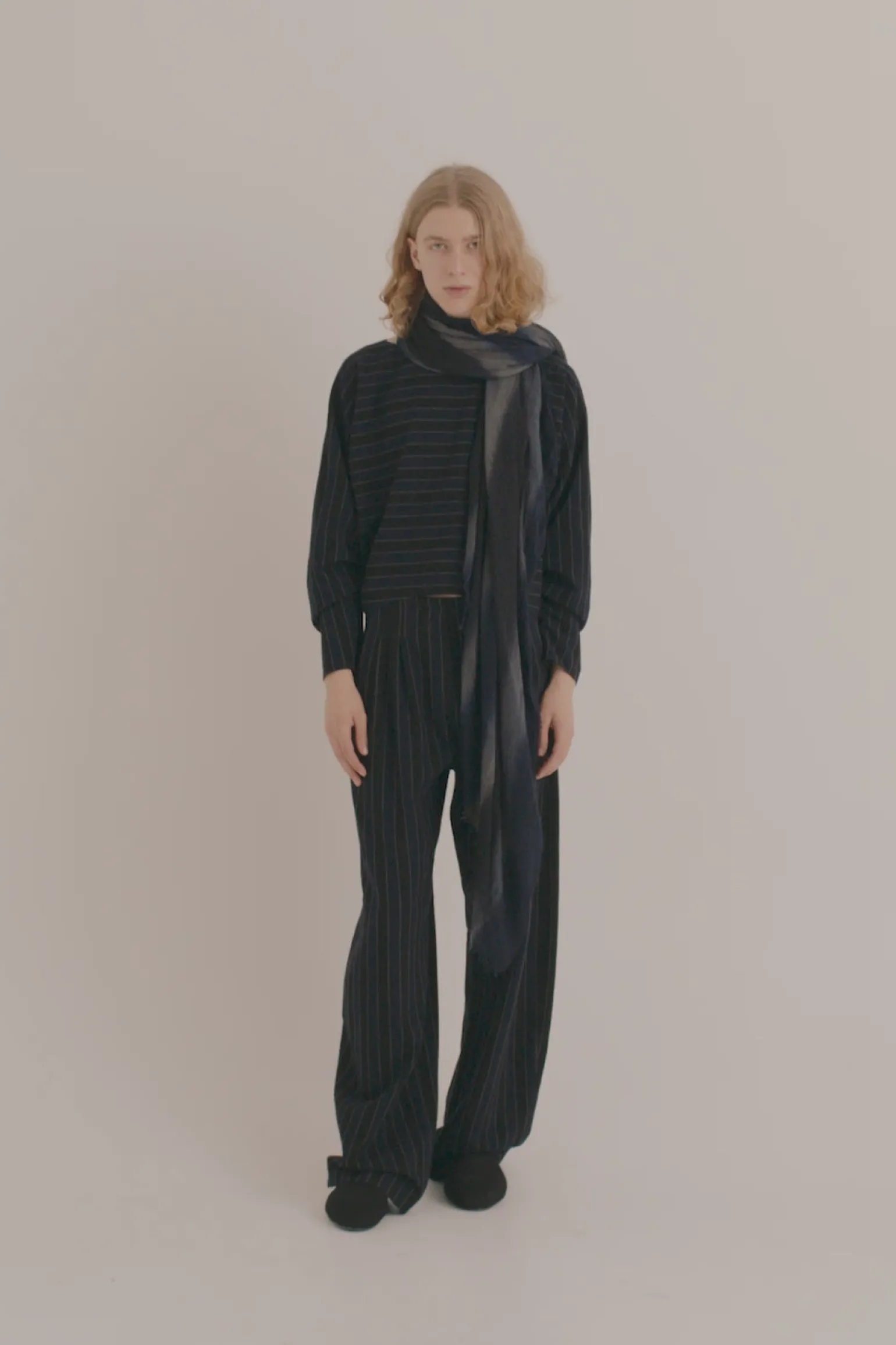 Marc, blue and black striped scarf in cashmere and silk
