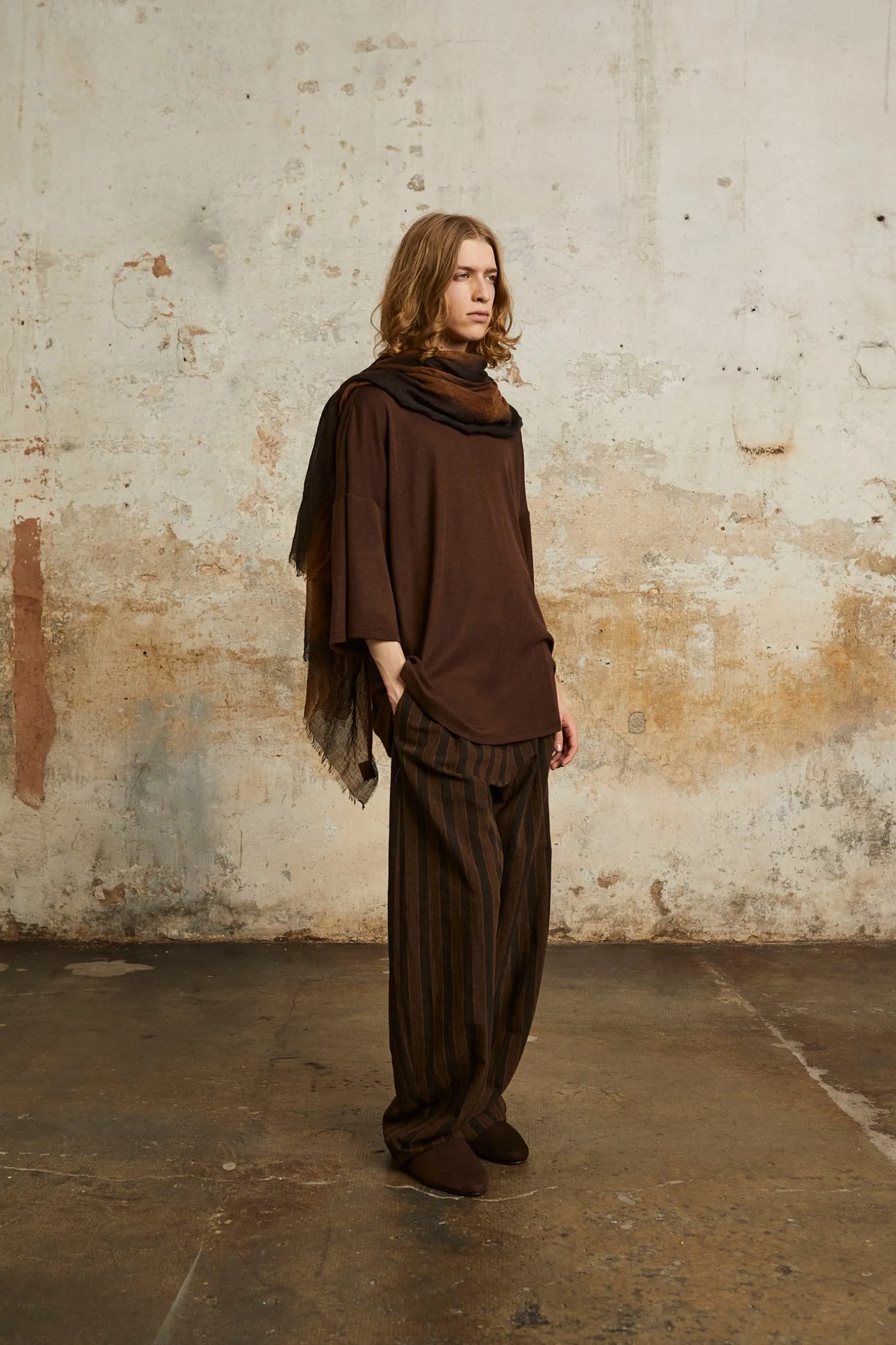 Marc, brown and tobacco striped scarf in cashmere and silk