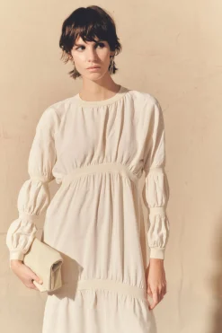 Morgan, dress in smoke gray linen and silk