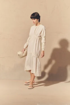 Morgan, dress in smoke gray linen and silk