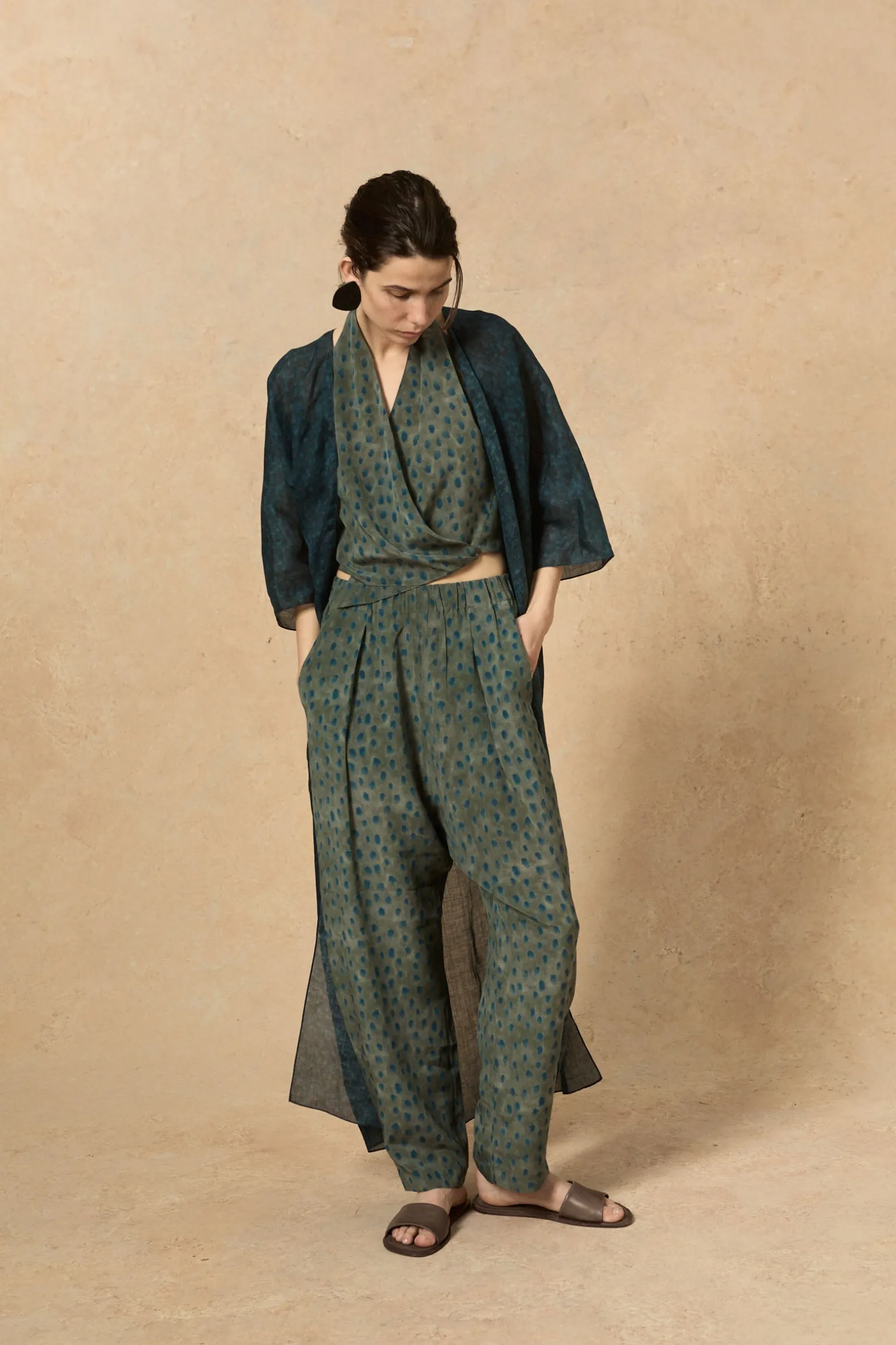 Nina, tokyo print long ramie jacket