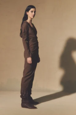 Norima, burgundy checked wrap dress