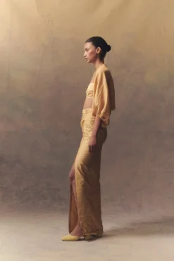 Peaches, long draped pencil skirt