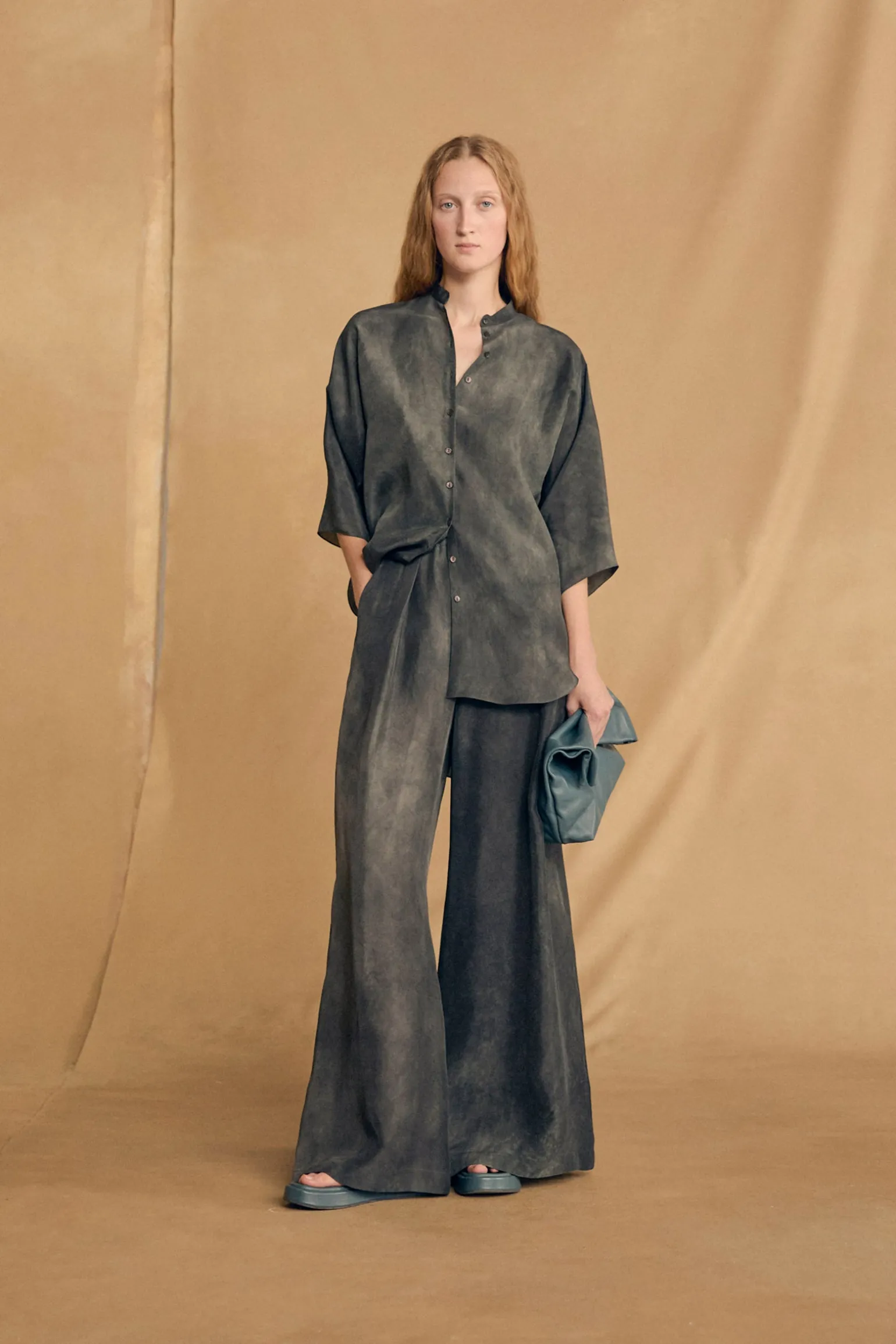 Salome, petroleum blue maltinto silk shirt