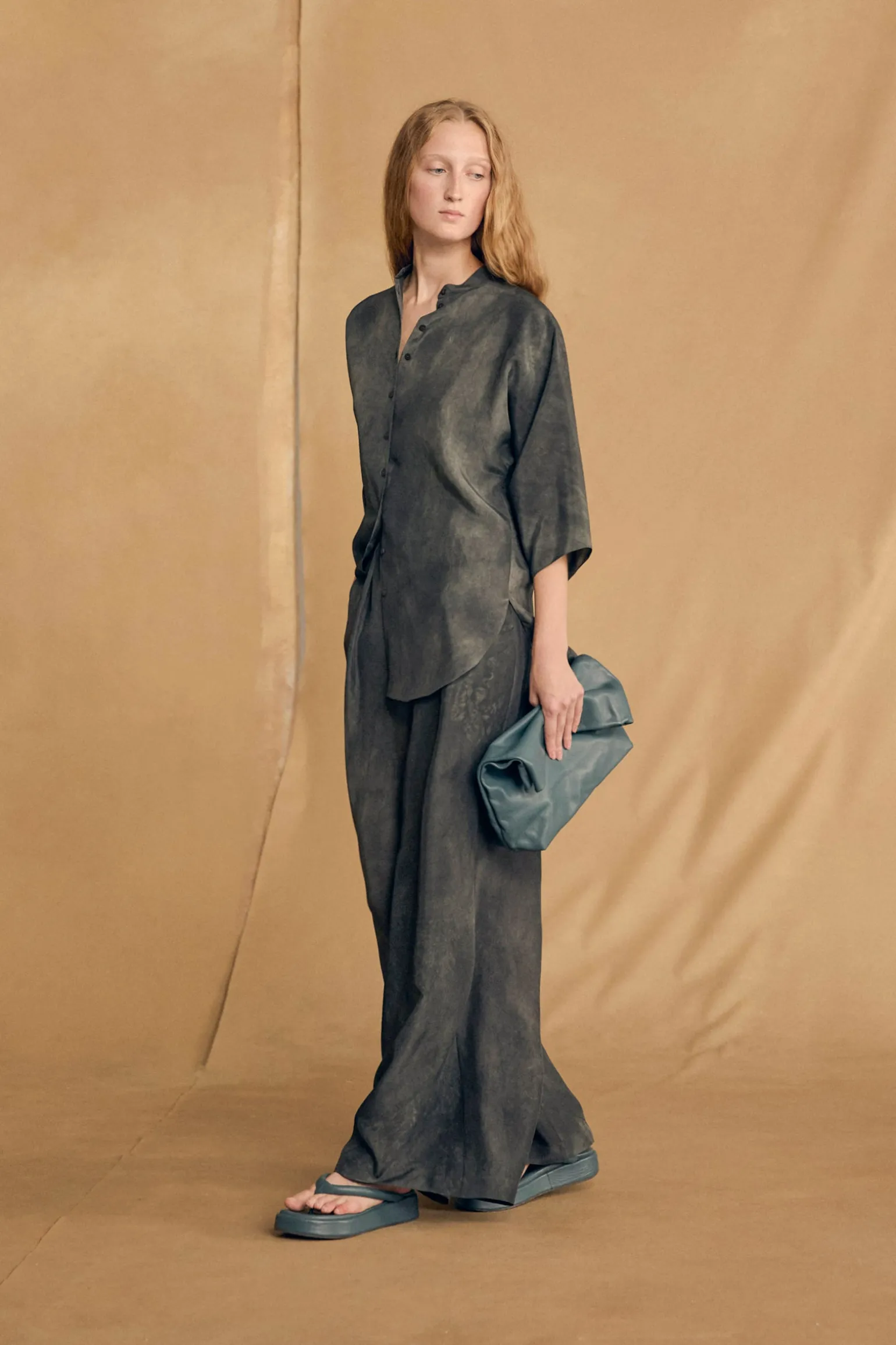 Salome, petroleum blue maltinto silk shirt