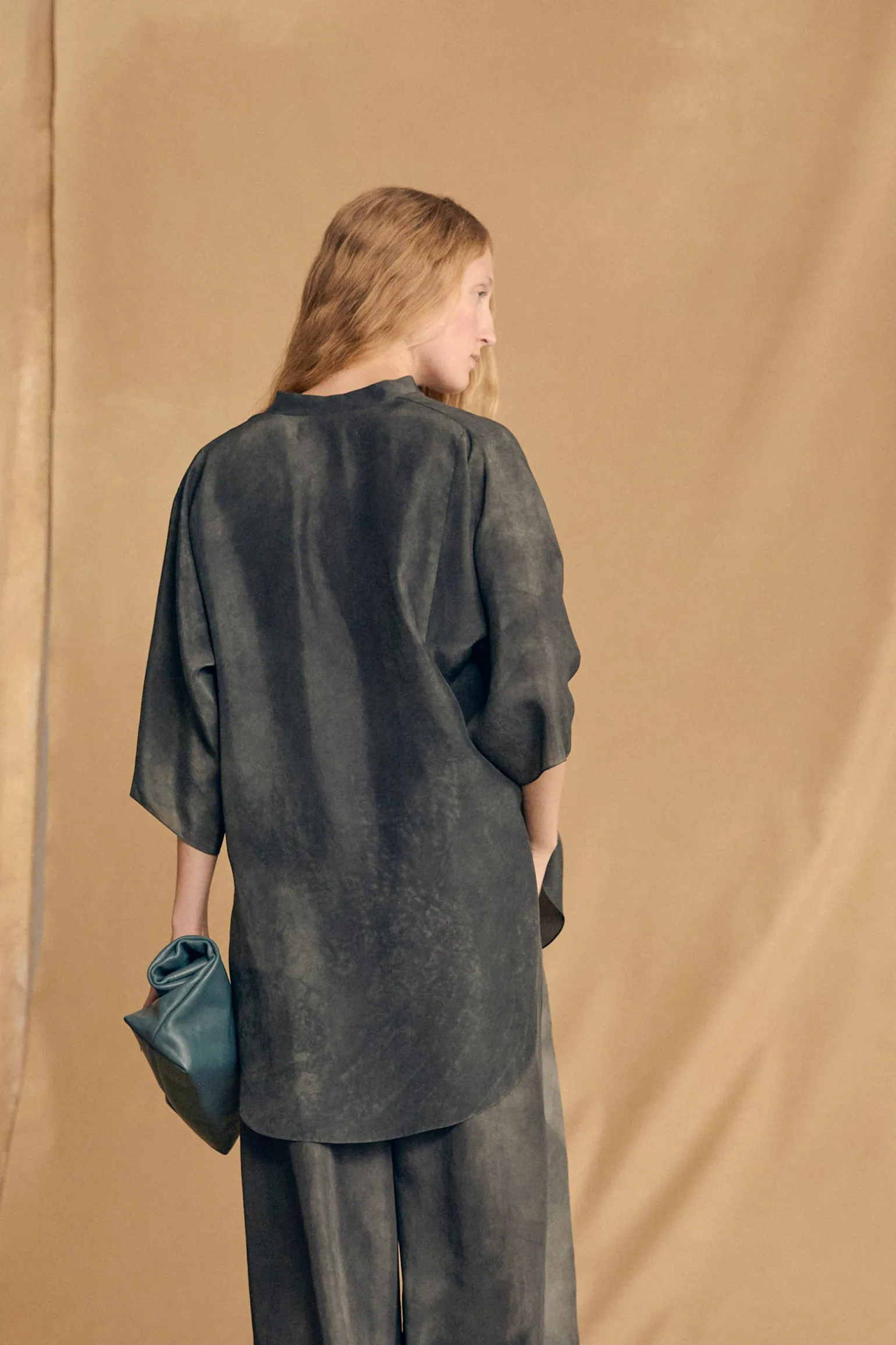 Salome, petroleum blue maltinto silk shirt