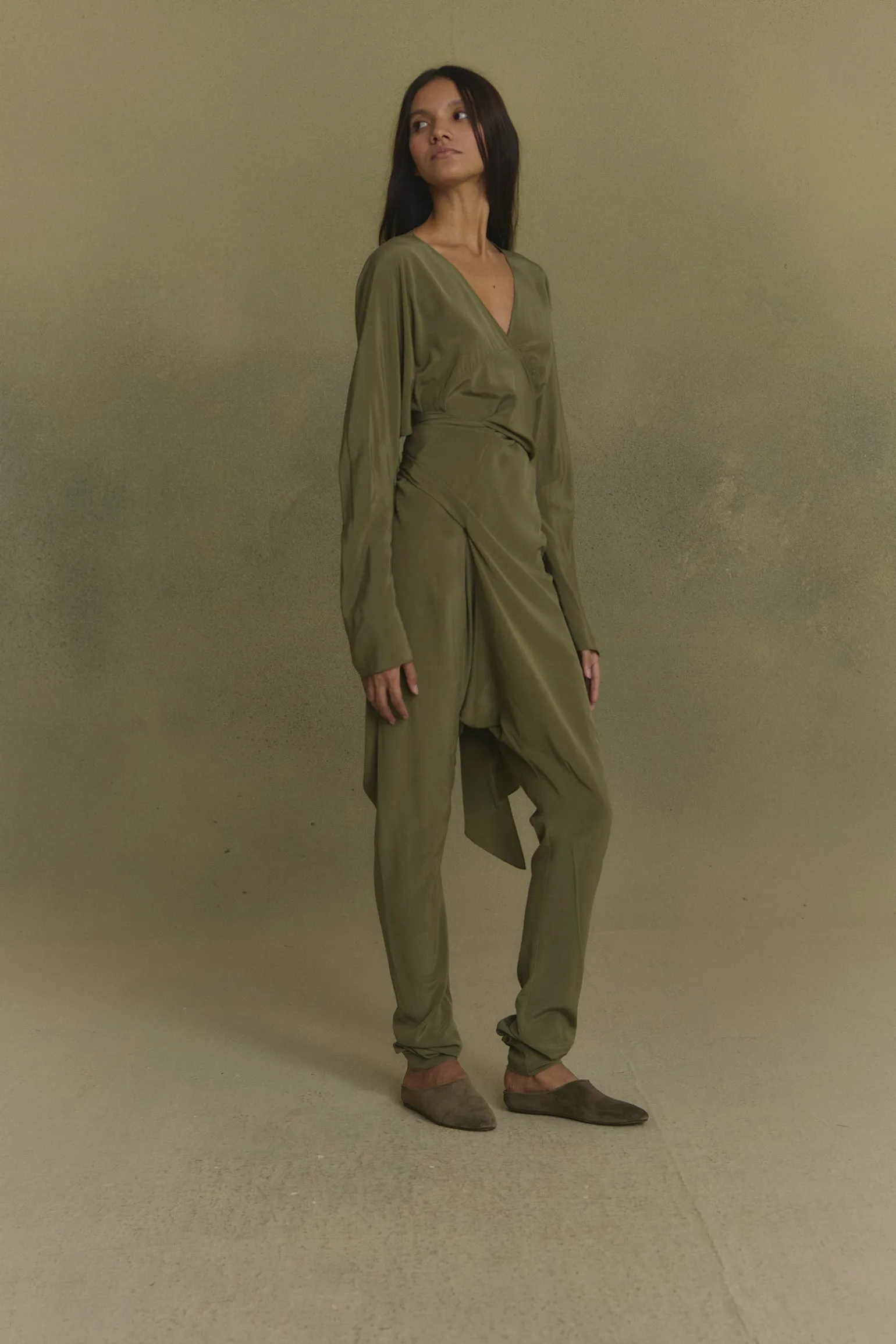 Serp, olive green stretch silk jumpsuit