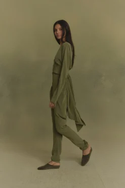 Serp, olive green stretch silk jumpsuit