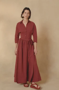 Theresa, red linen shirt