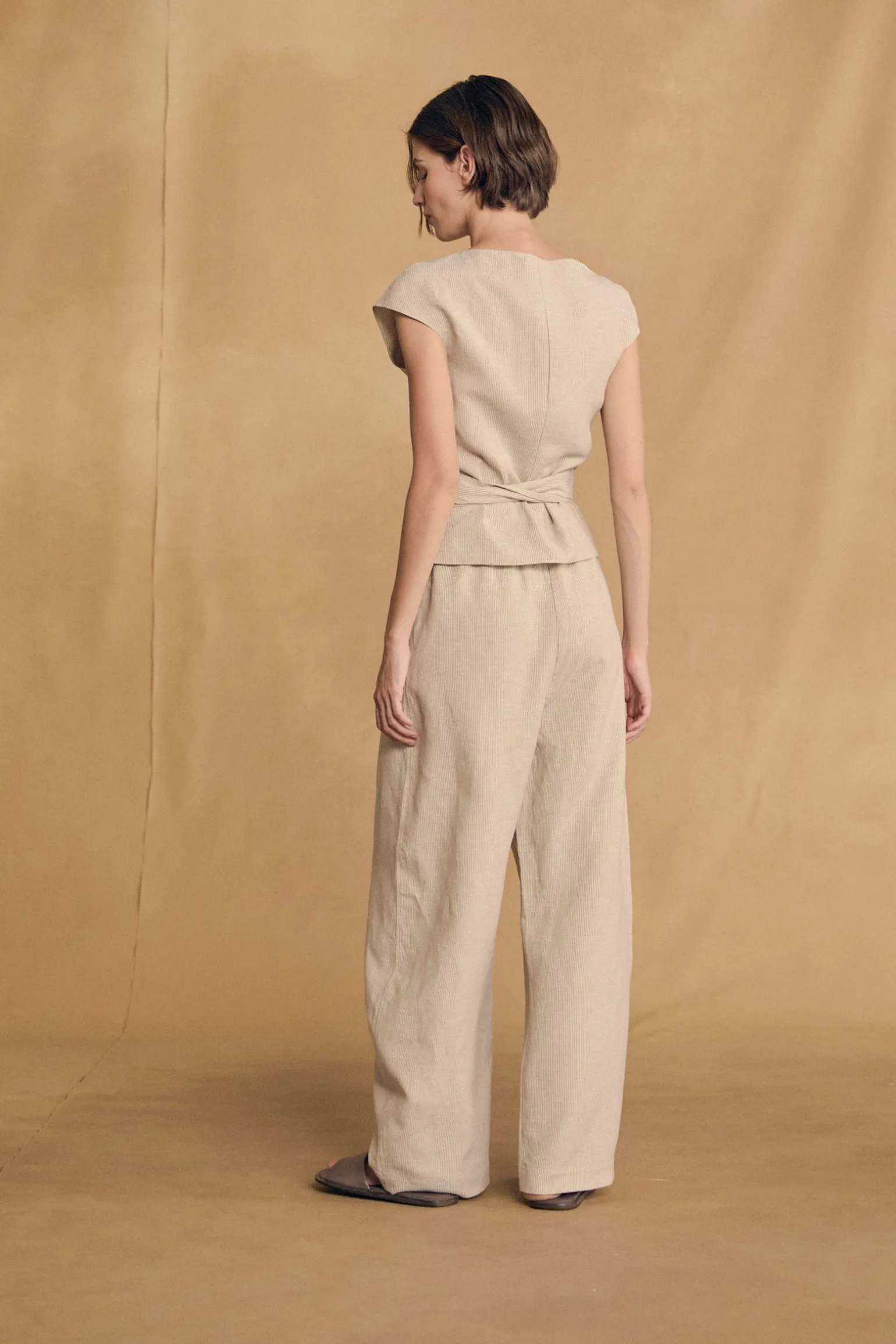 Tilo, gray and brown striped pants