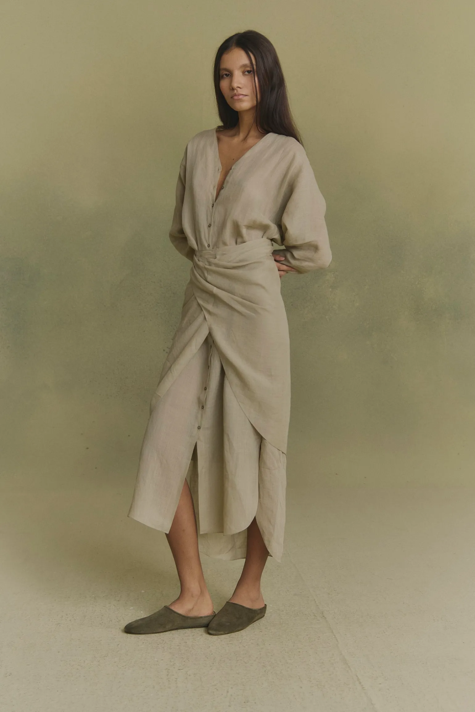 Tramonto, sage green ramie midi dress