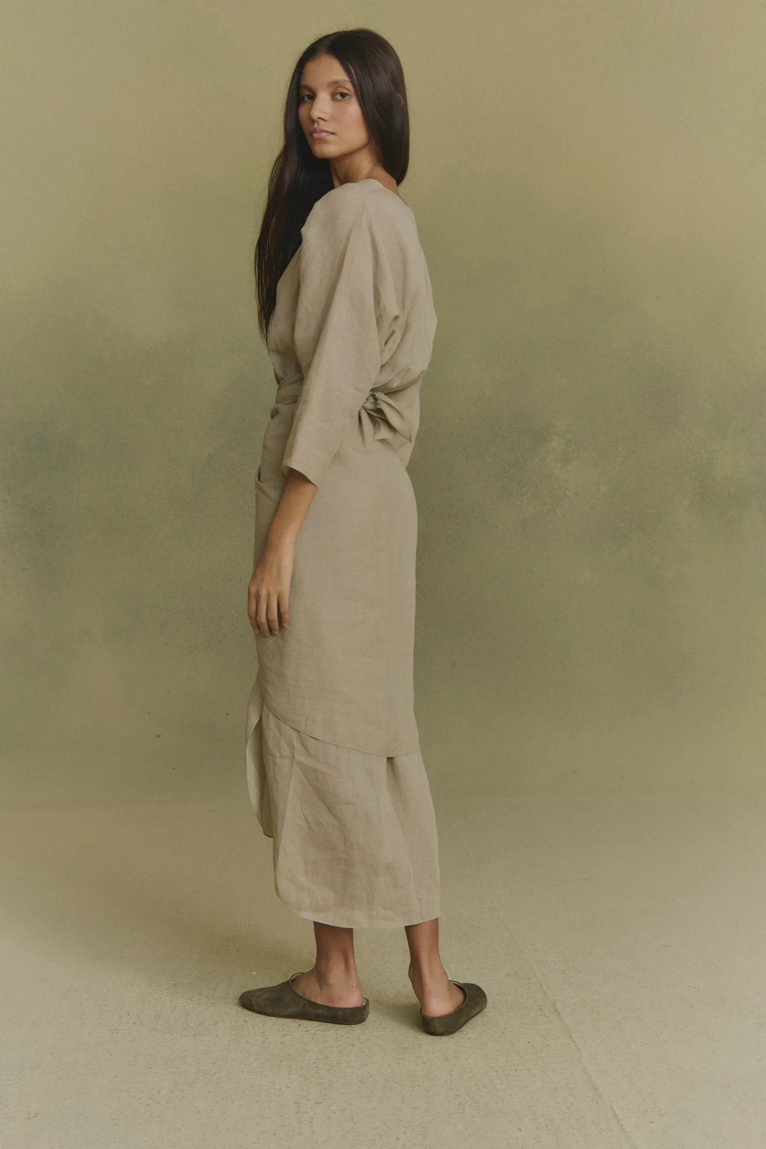 Tramonto, sage green ramie midi dress