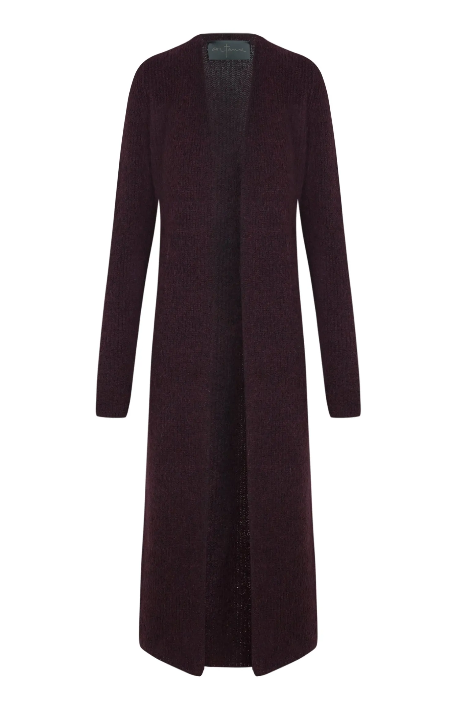 Zakia, burgundy long knitwear jacket in baby alpaca, wool and silk